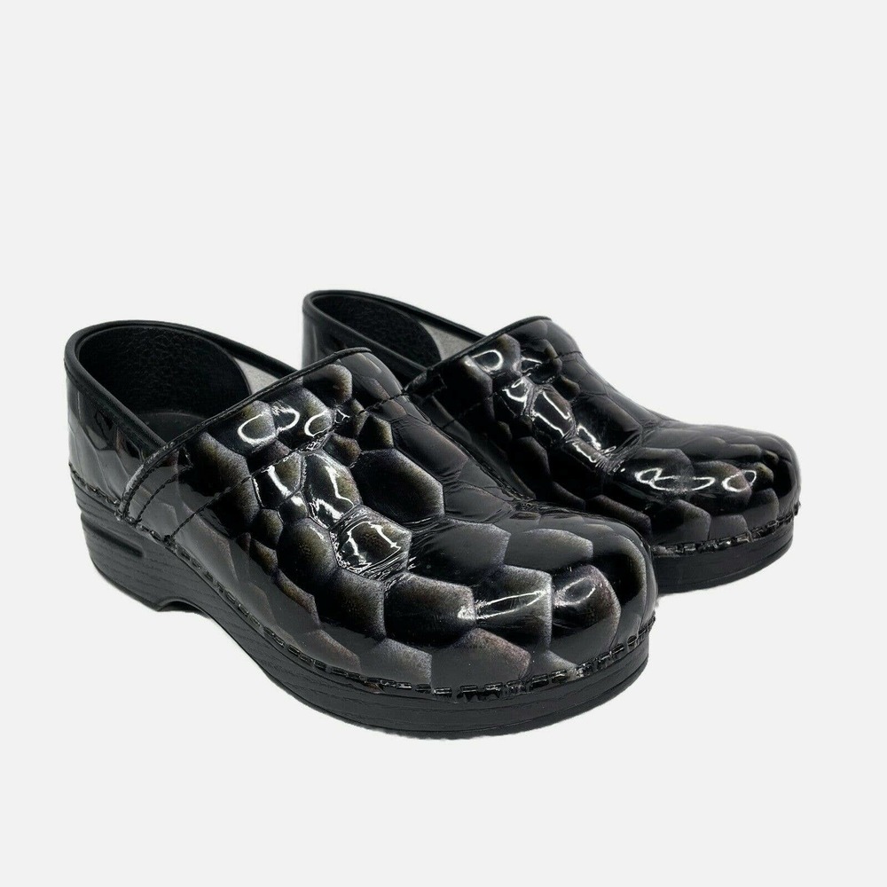Dansko Black Leather Clogs Size (37) 6.5-7 Patent Crocodile Women's Shoes Shiny
